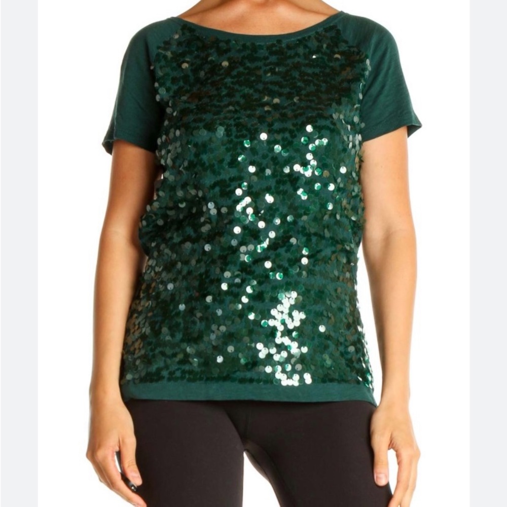 LOFT green short sleeve flat sequined sparkles top